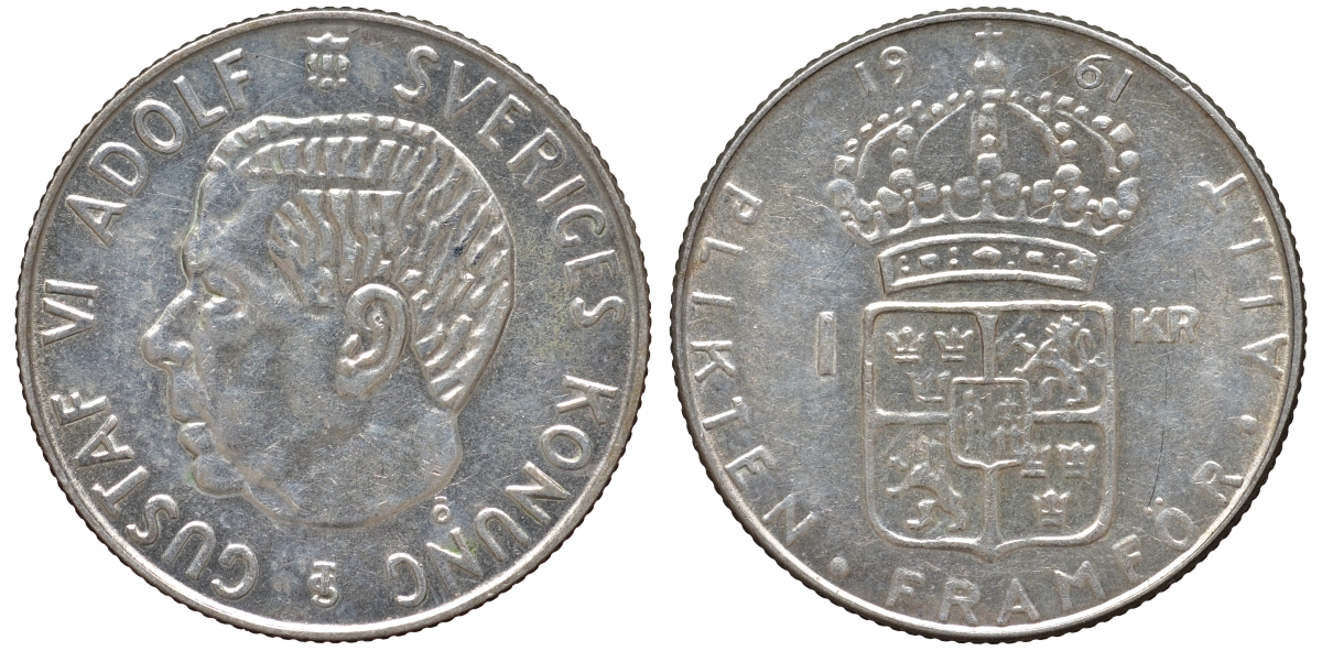 Швеция 1 крона 1961 TS, Густав VI Адольф (1950-1973) KM 826 серебро 4178-743