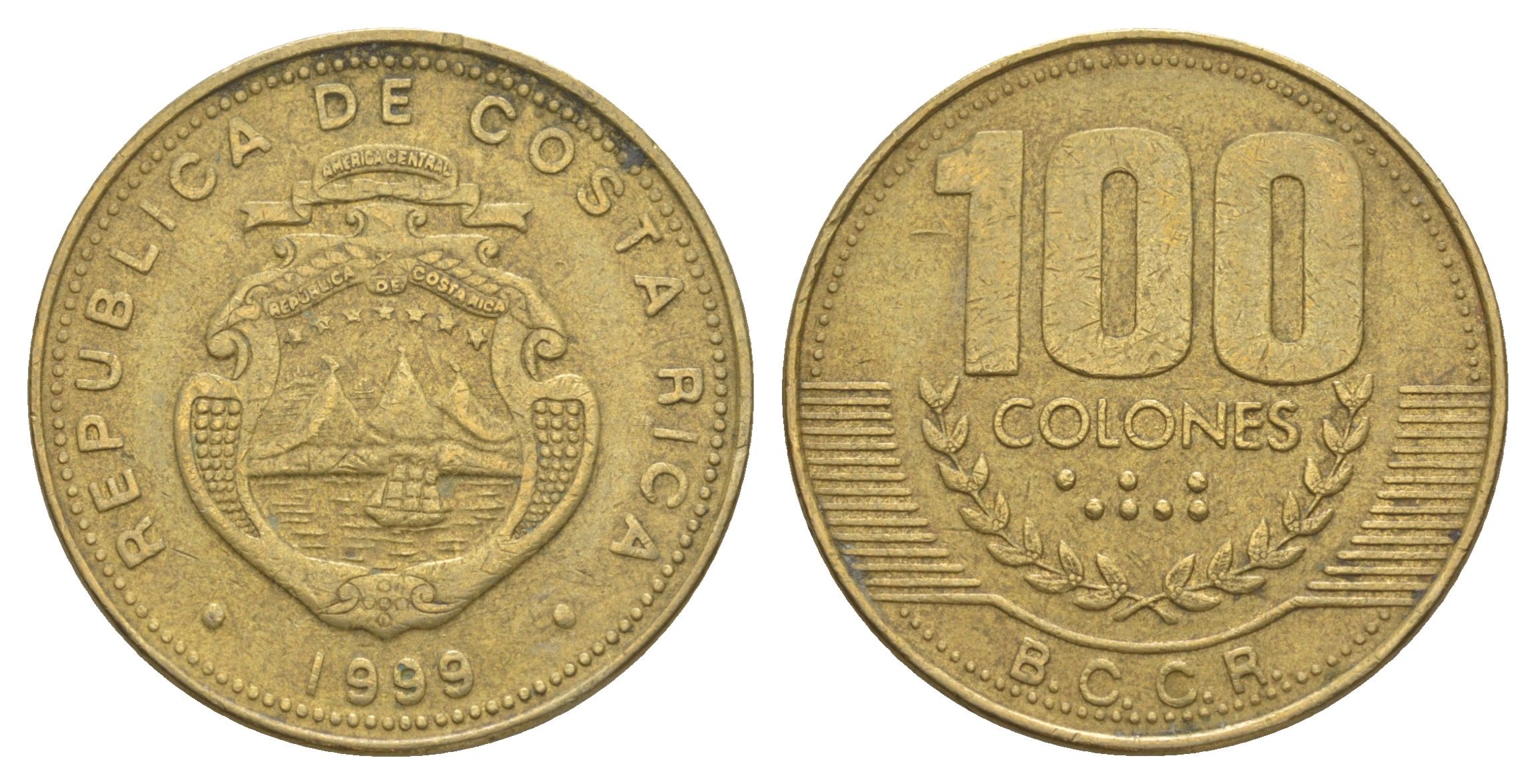 Коста-Рика 100 колонов 1999 KM 230a.1 алюминиевая бронза 4631-437