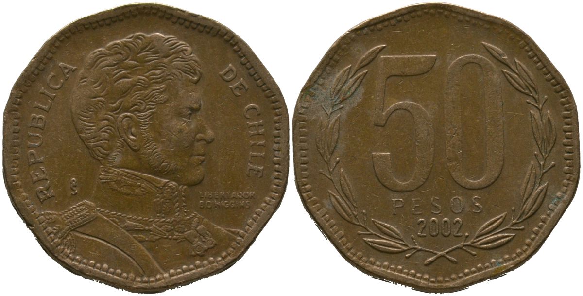 Чили 50 песо 2002 So KM 219.2, Schon 70 алюминиевая бронза 4544-411