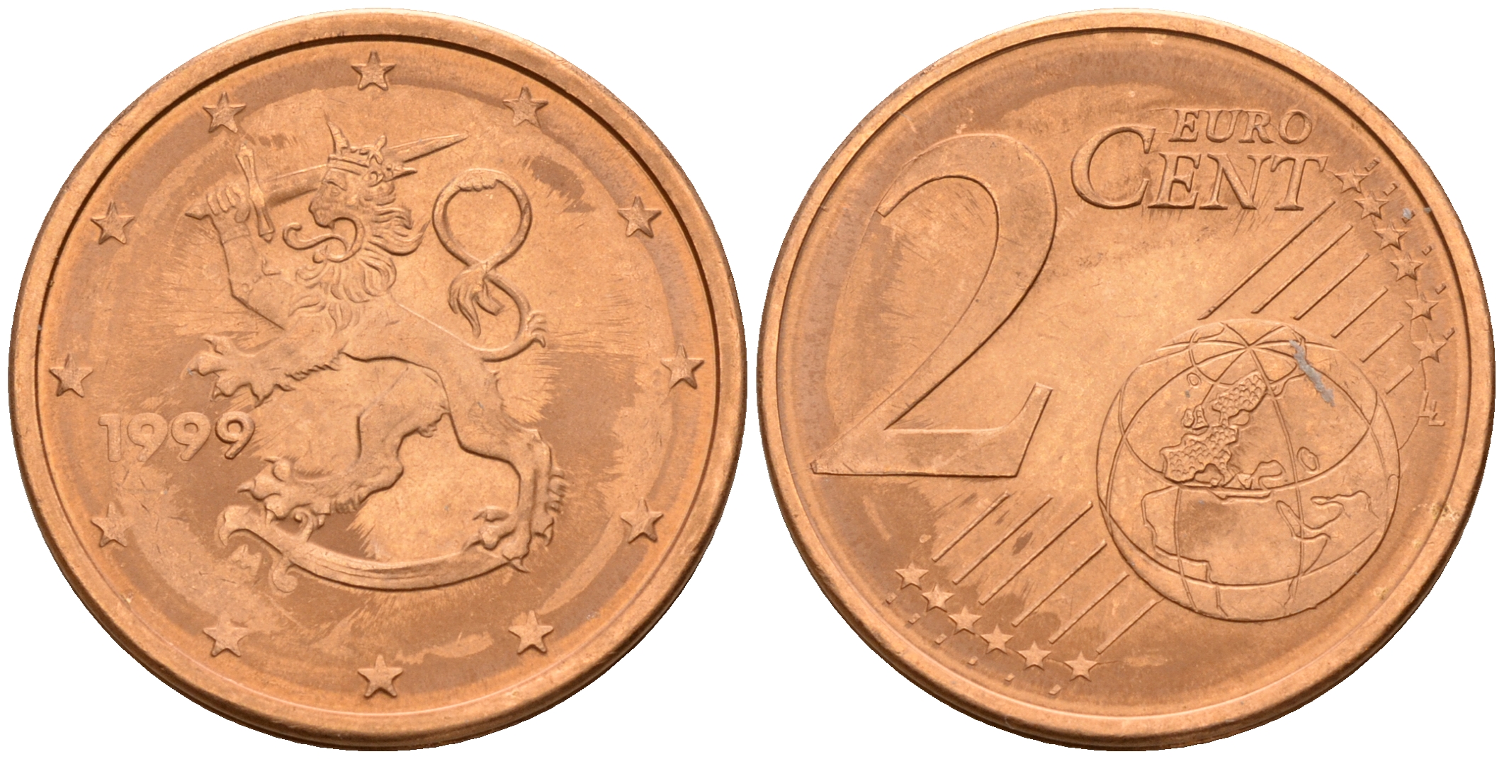 Финляндия 2 евроцента 1999  KM 99 сталь плакированная медью  UNC  4160-324