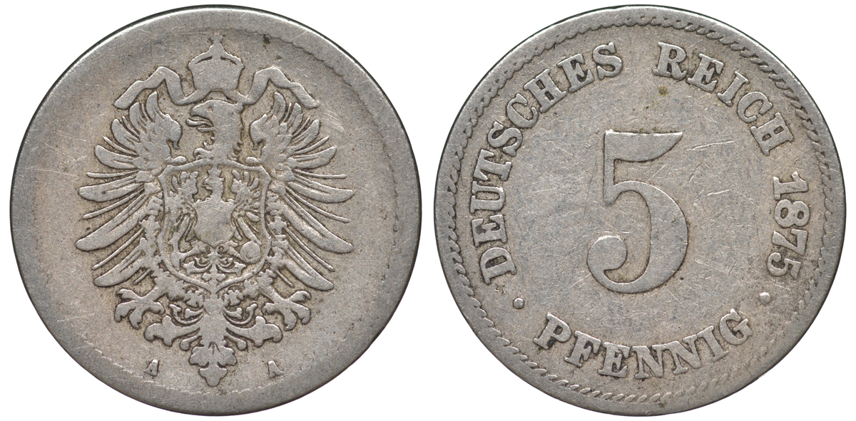 ГЕРМАНИЯ 5 ПФЕННИГОВ 1875 A, СТАРОГЕРБОВКА KM 3, J.3 медно-никель 45-441