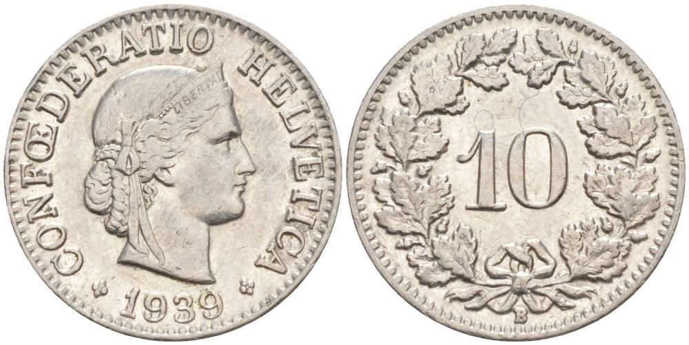 Швейцария 10 раппенов 1939 B KM 27b никель     201-355