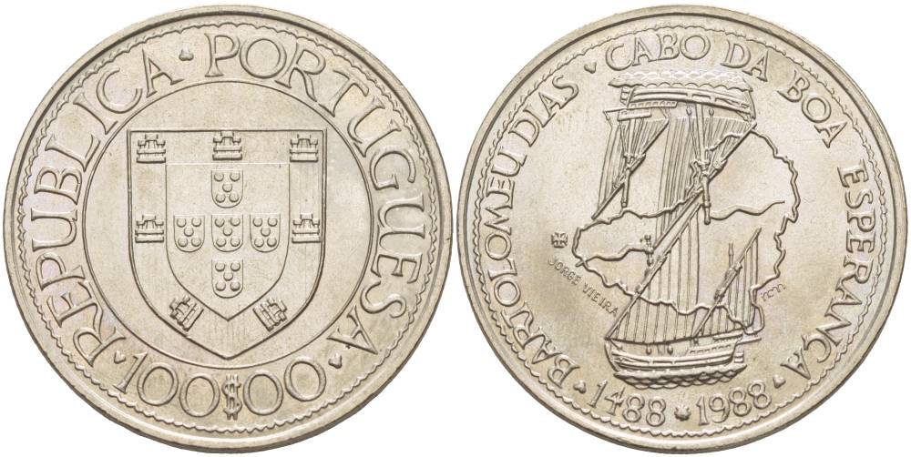 Португалия 100 эскудо 1988 серия золотой век португальских открытий, Бартоломеу Диаш KM 642 медно-никель UNC 4537-531