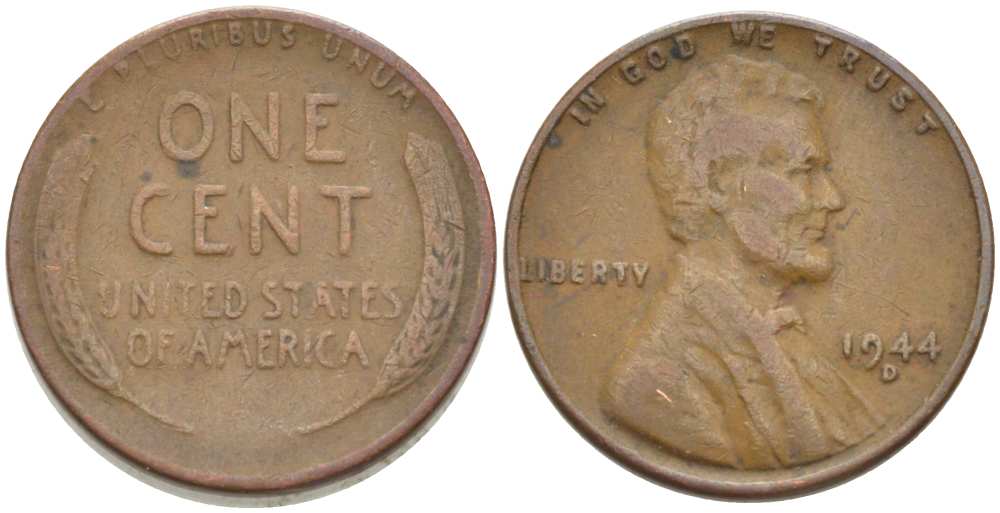 США 1 ЦЕНТ 1944 D, ЛИНКОЛЬН KM А132 медь цинк 218-438