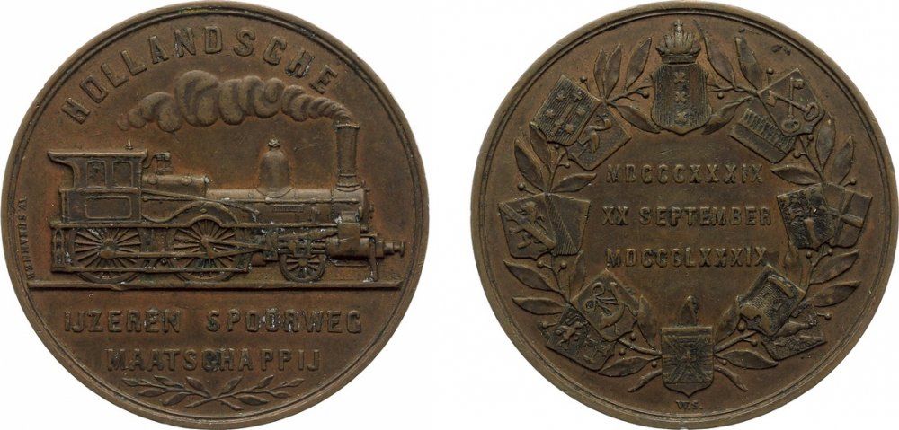 Нидерланды медаль 1889 50 лет Голландской железной дороги, паровоз, 44 мм Zw.841 бронза 1072-5-11