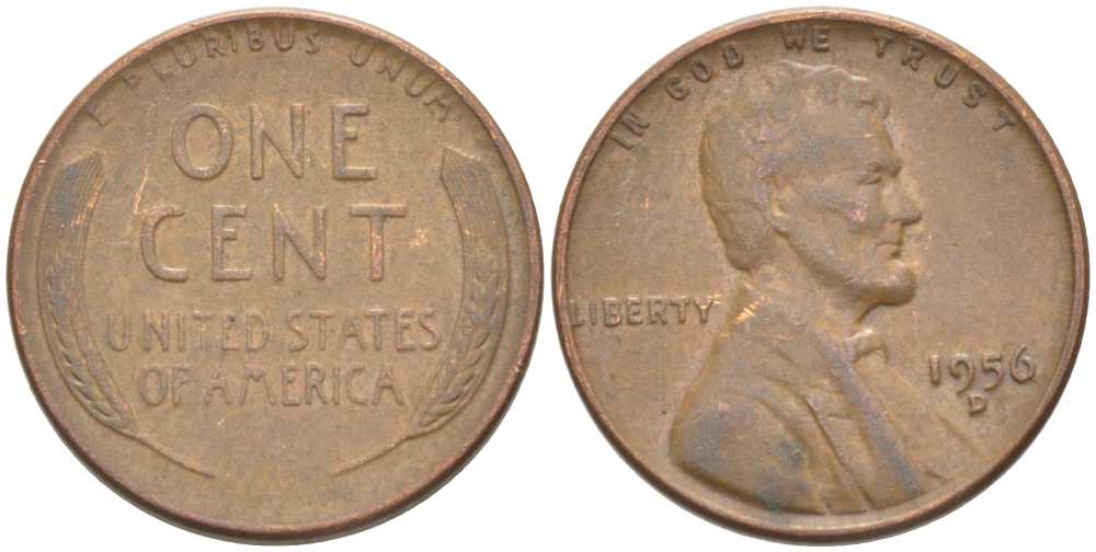 США 1 ЦЕНТ 1956 D, ЛИНКОЛЬН KM А132 медь цинк 218-269