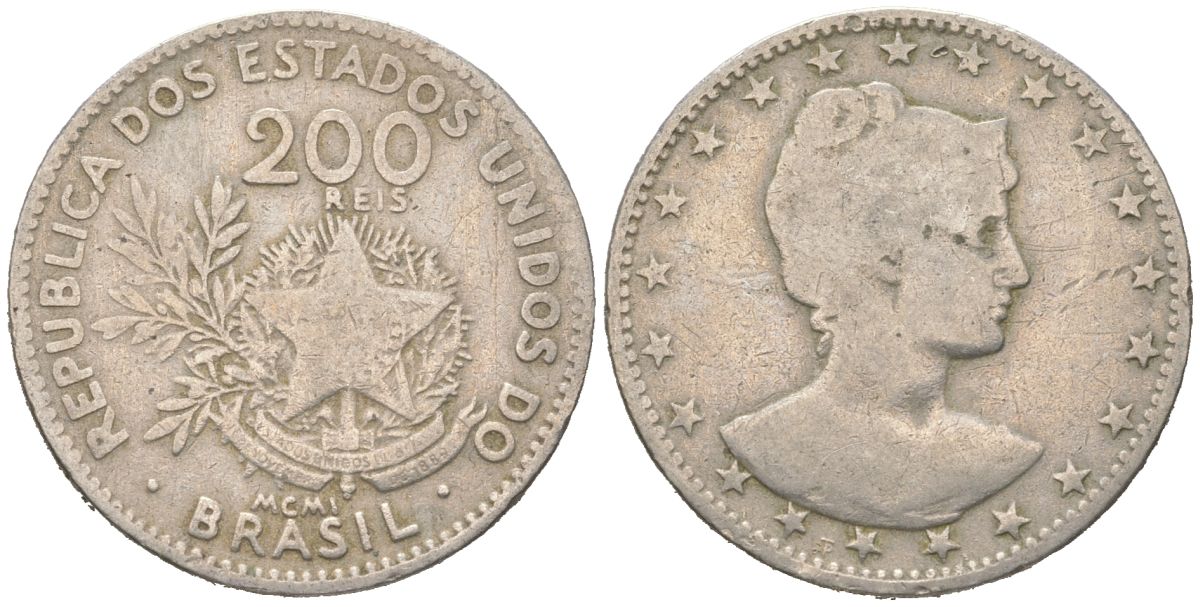 Бразилия 200 реалов 1901 MCMI, голова свободы вправо KM 504 медно-никель 4612-221