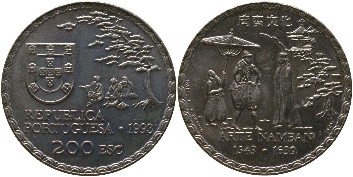 Португалия 200 эскудо 1993 INCM, 450 лет искусству намбан KM 668 медно-никель aUNC 00-00