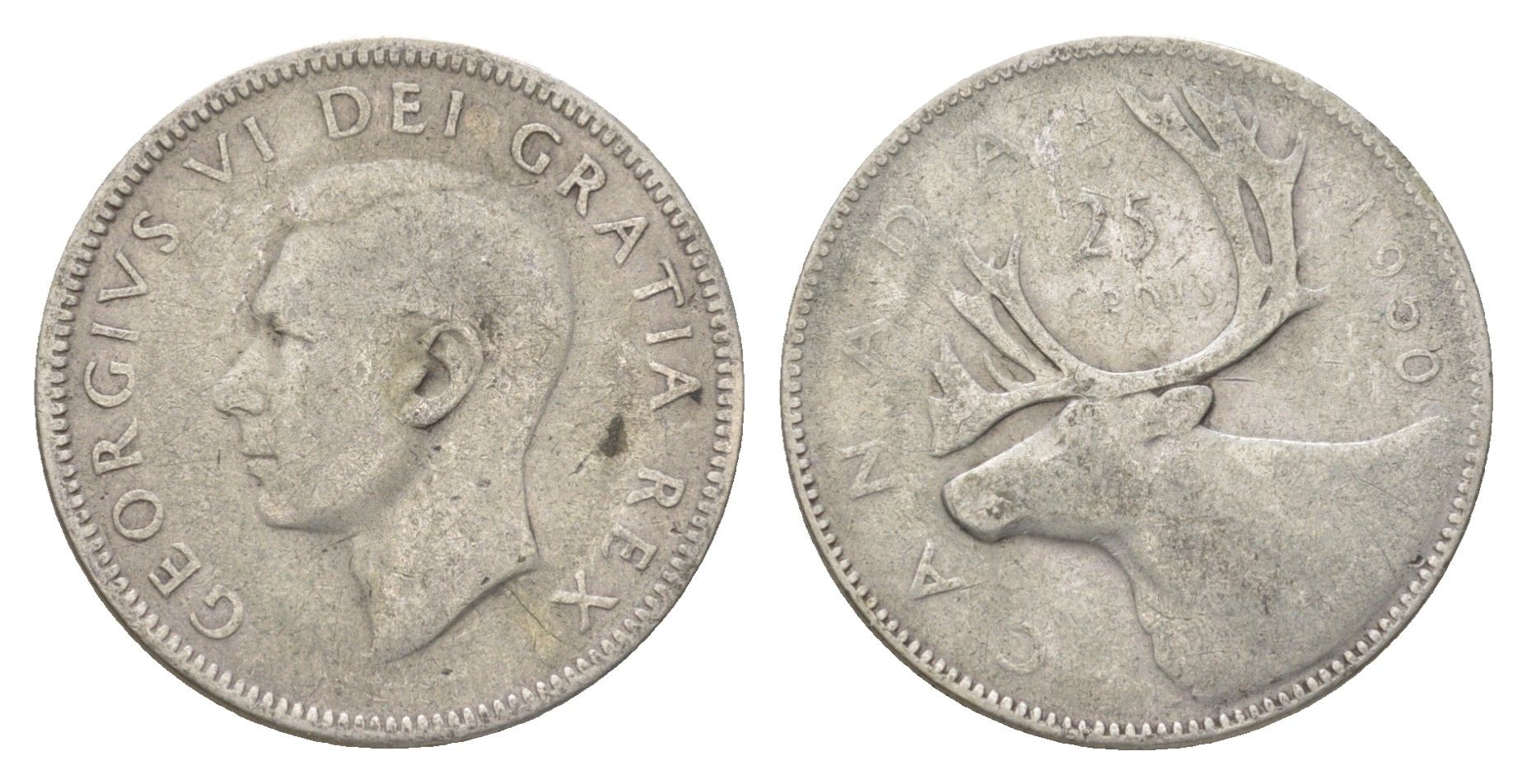 Канада 25 центов 1950 Георг VI (1936-1952), олень KM 44 серебро 4622-822