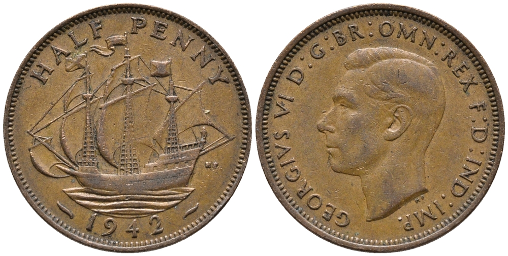 Великобритания 1/2 пенни 1942 Георг VI (1936-1952) KM 844, Spink 4115 бронза 34-1027