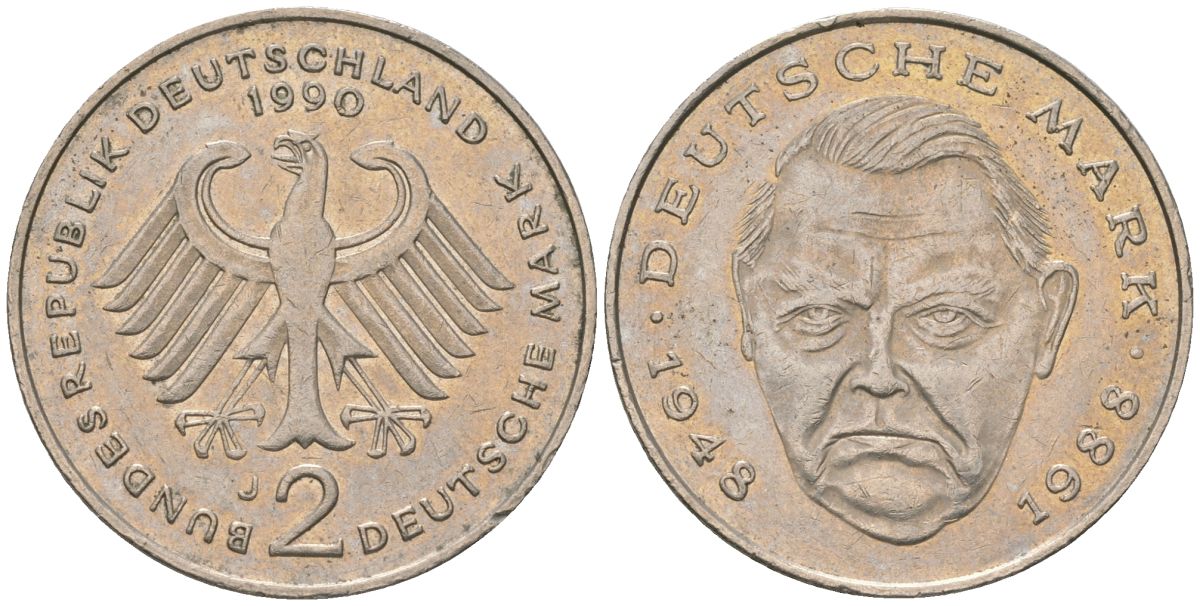 ФРГ 2 марки 1990 J, Людвиг Эрхард, 40 лет Федеративной Республике KM 170 медно-никель 4572-1116