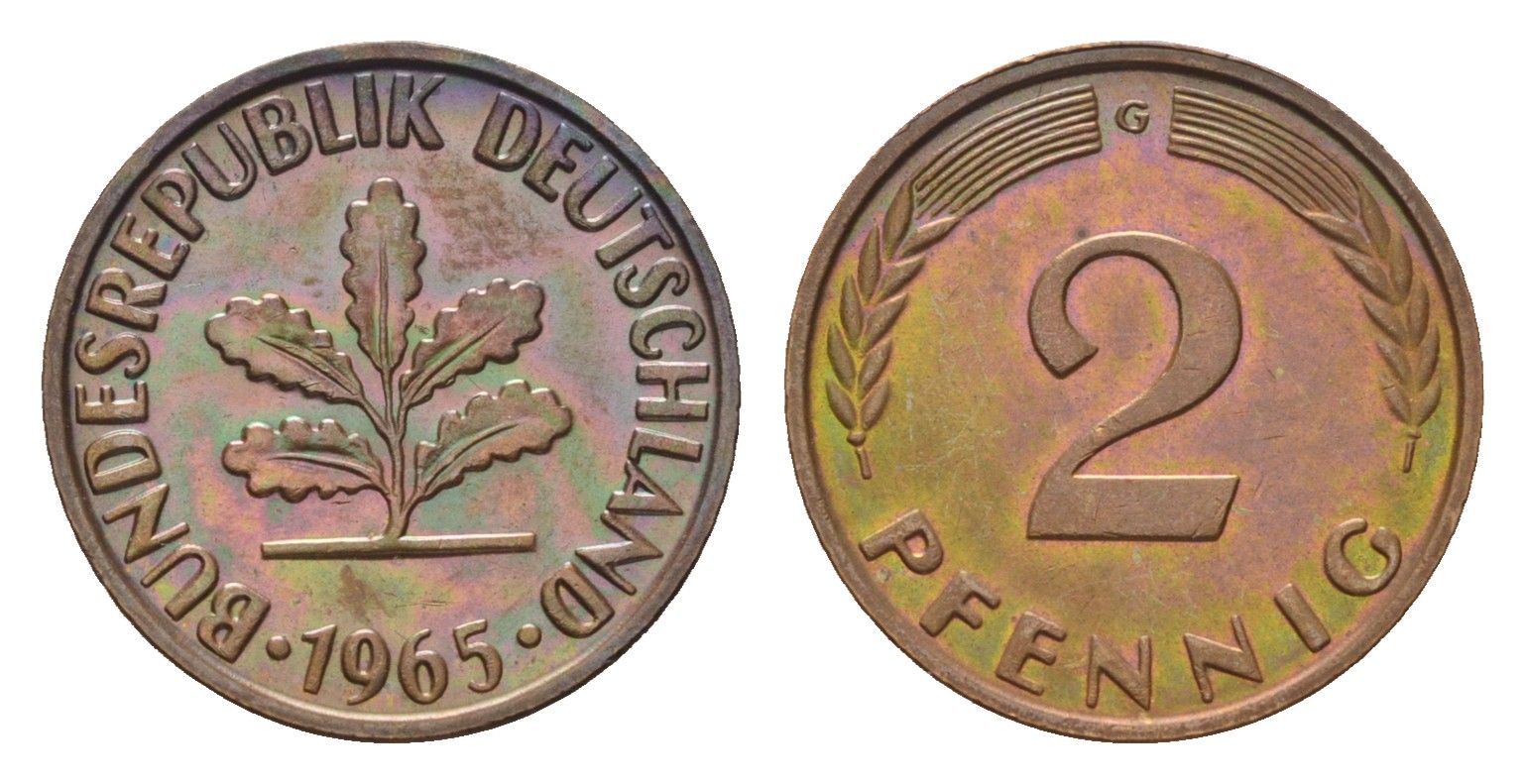 ФРГ 2 пфеннига 1965 G KM 106, J. 381 бронза 214-338