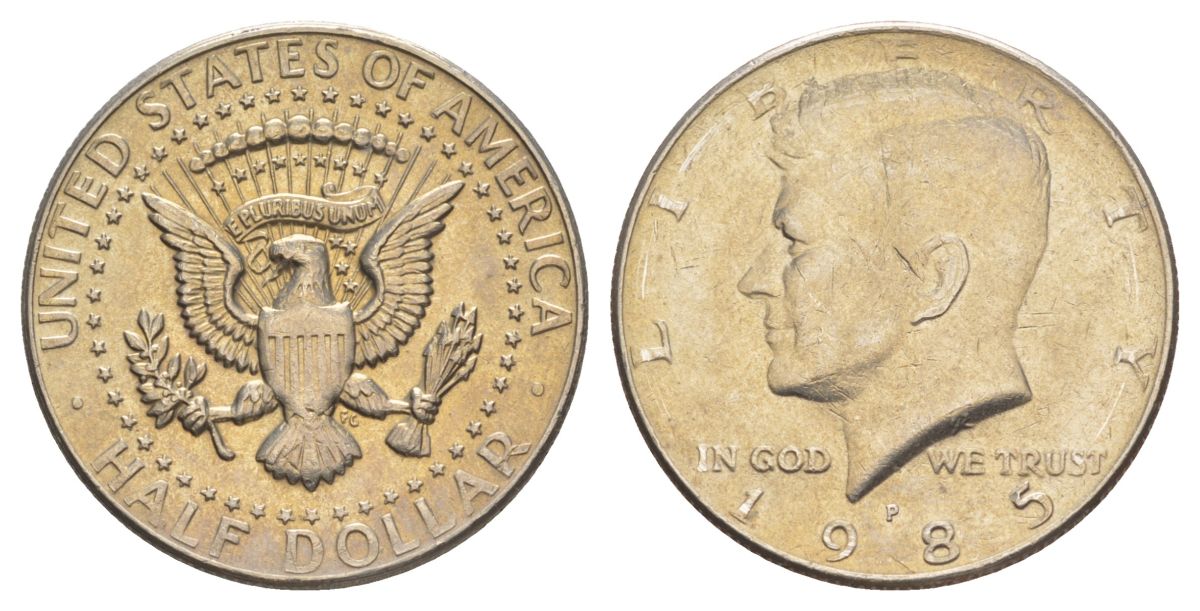 США 1/2 доллара (50 центов) 1985 P, Джон Кеннеди KM A202b медь плакированная медно-никелем aUNC 4517-546