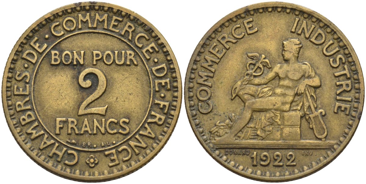 Франция 2 франка 1922 Третья республика (1871-1940) KM 877, Le Franc 267.7 алюминиевая бронза 4144-312