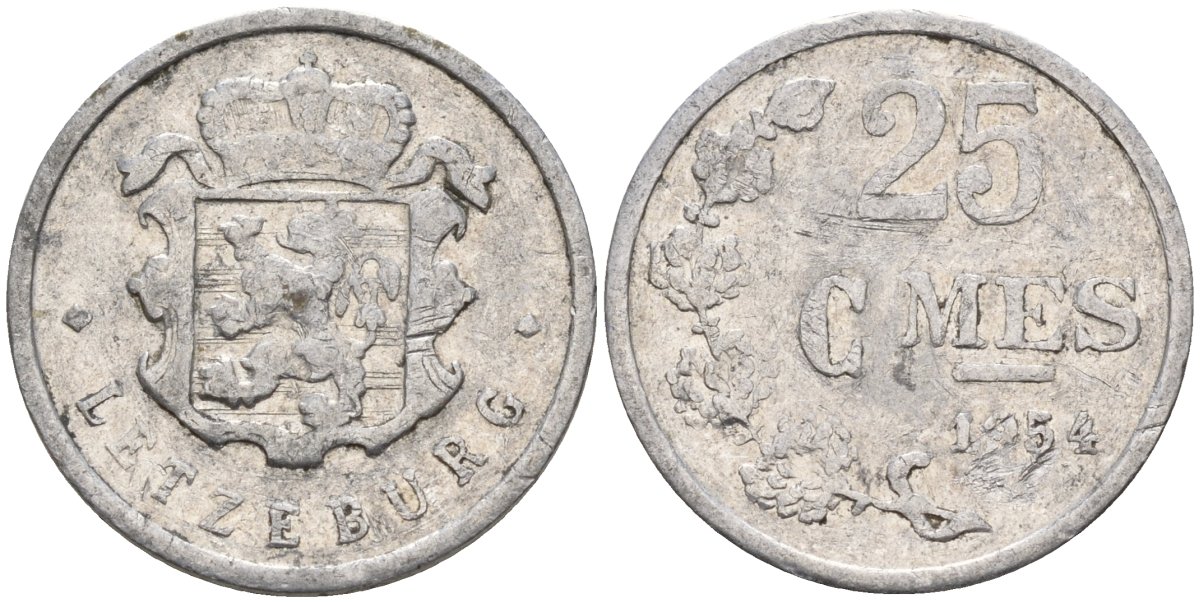 Люксембург 25 сантимов 1954 Герцог Жан (1964-1999) KM 45a алюминий 4596-838
