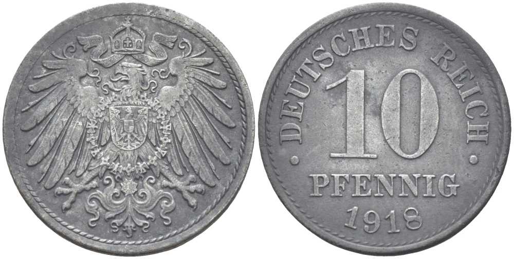 ГЕРМАНИЯ 10 ПФЕННИГОВ 1918 KM 26, J. 299 цинк 4401-134