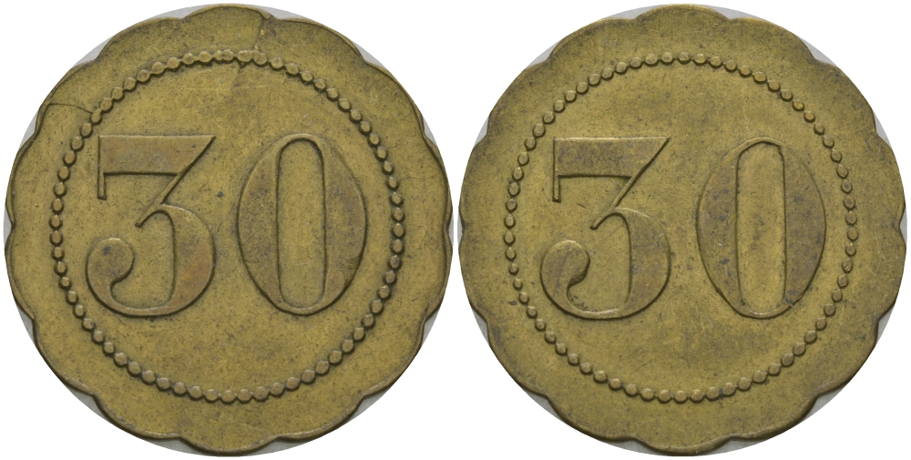 ФРАНЦИЯ 30 САНТИМОВ ND ПЛАТЕЖНЫЙ ЖЕТОН НАЧАЛА XX ВЕКА,ФИГУРНЫЙ КРАЙ, ДИАМЕТР 25 ММ. латунь 65-355