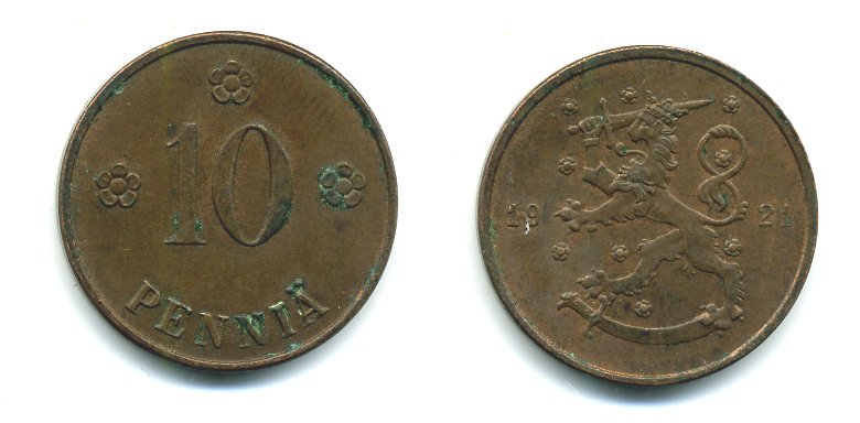 Финляндия 10 пенни 1921 республика (1918-1962) KM 24 медь 29-415