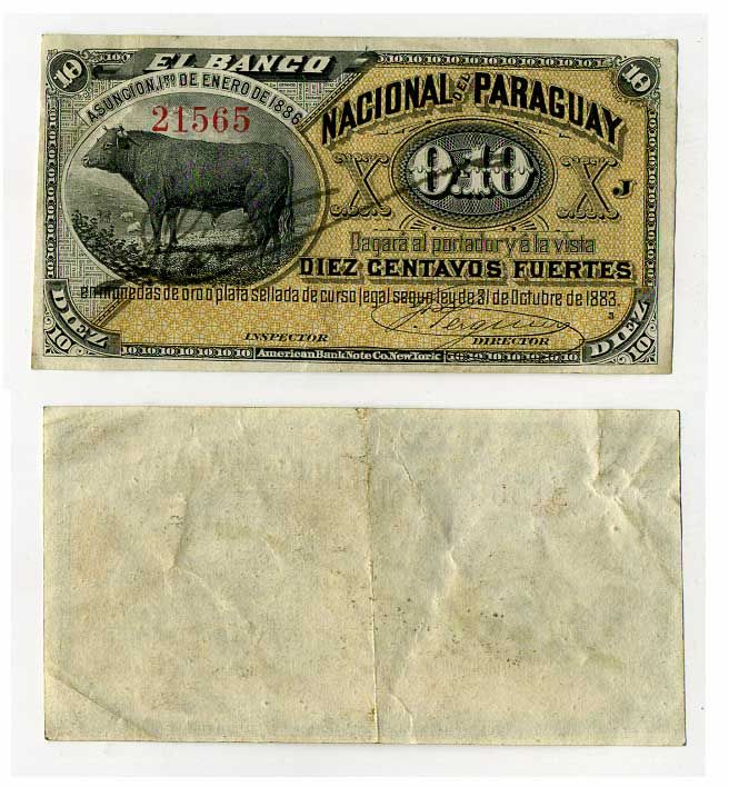 Парагвай, Banco Nacional Del Paraguay 10 сентаво 1886 буйвол Pick S142 бумага 451-62-2