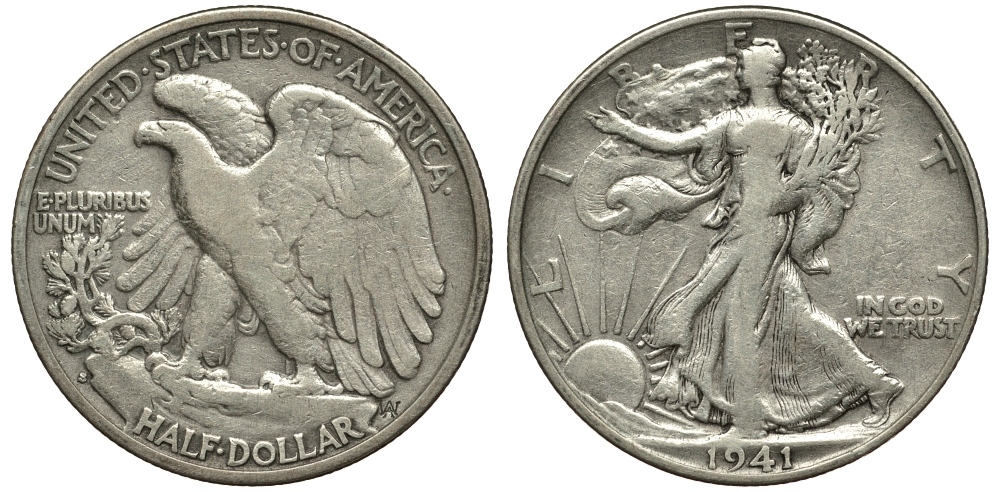 США 1/2 доллара (50 центов) 1941 S, шагающая свобода KM 142 серебро 413-311