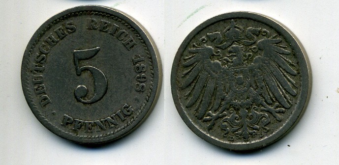 ГЕРМАНИЯ 5 ПФЕННИГОВ 1898 D, KM 11, J. 12 медно-никель 58-126