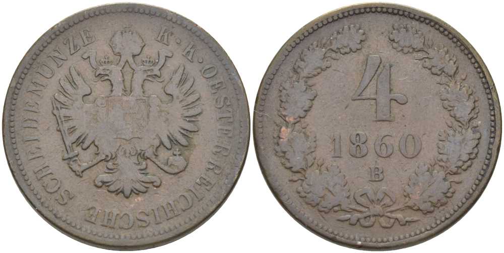 АВСТРИЯ 4 КРЕЙЦЕРА 1860 В, ФРАНЦ II (1792-1835) KM 2194 медь 180-544