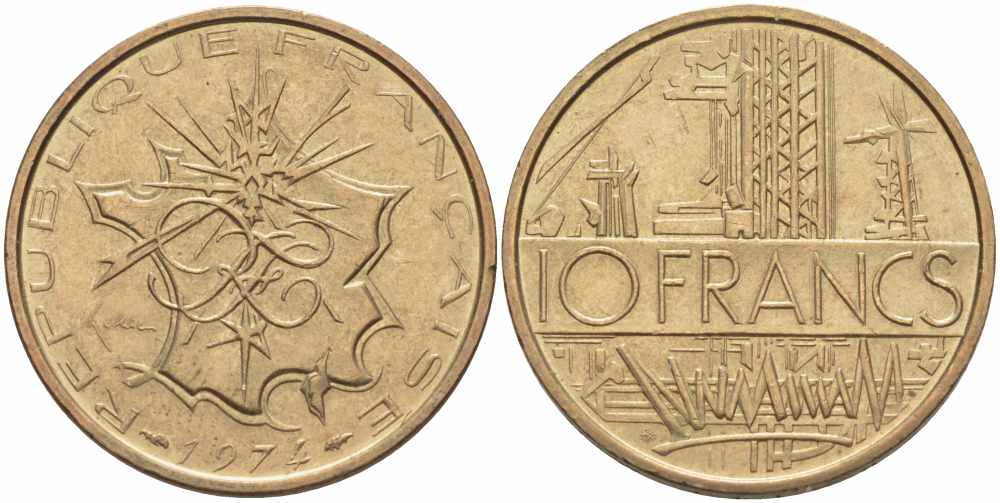 Франция 10 франков 1974 тип Матье KM 940, Le Franc 365.3-4 никель латунь 38-846