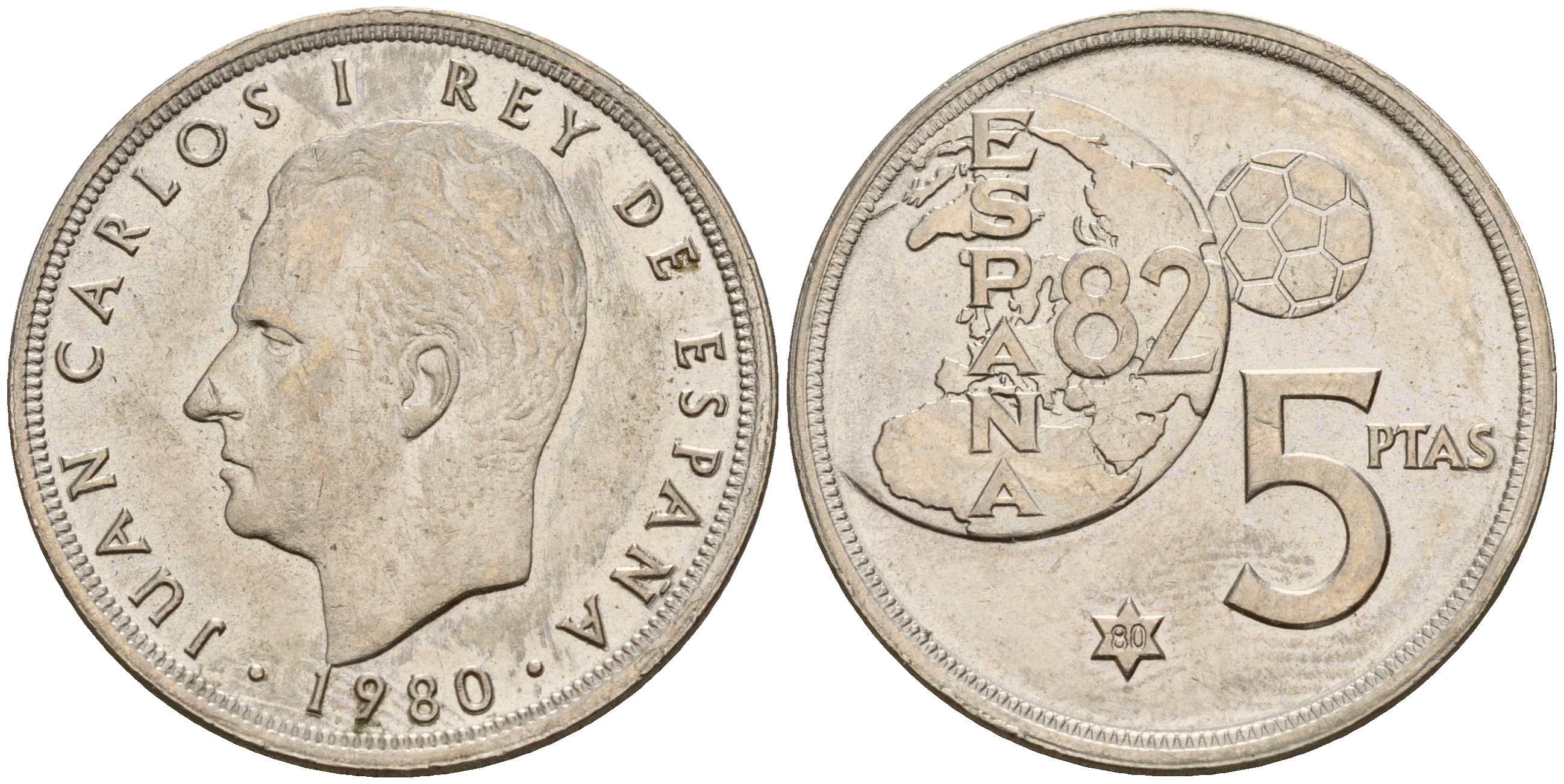 Испания 5 песет 1980 (80), Хуан Карлос , чемпионат мира по футболу, Испания 1982 KM 817 медно-никель 4601-1023