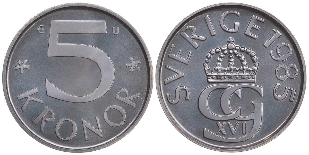 Швеция 5 крон 1985 U, Карл XVI Густав (1973- ) KM 853 медно-никель PROOFLIKE 59-245