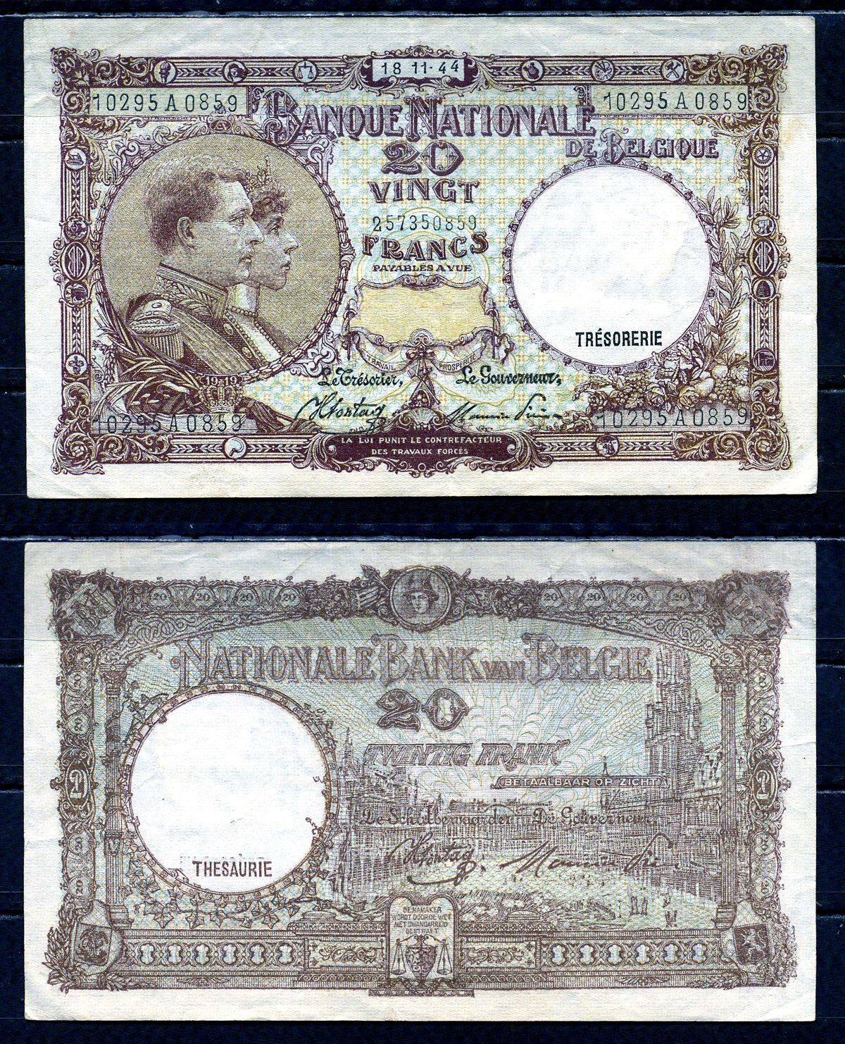 Бельгия 20 франков 1944 18.11.1944, Король Альберт I и его жена Королева Елизавета, Гран-Плас / Гроте Маркт, Брюссель Pick 111 (3) бумага 6301-8-1-2