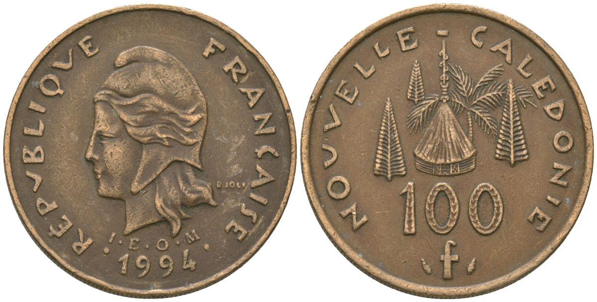 Французская Новая Каледония 100 франков 1994 хижина среди сосен и пальм, (IEOM) KM 15, Schoen 16, Lec 138 никель бронза 88-1032