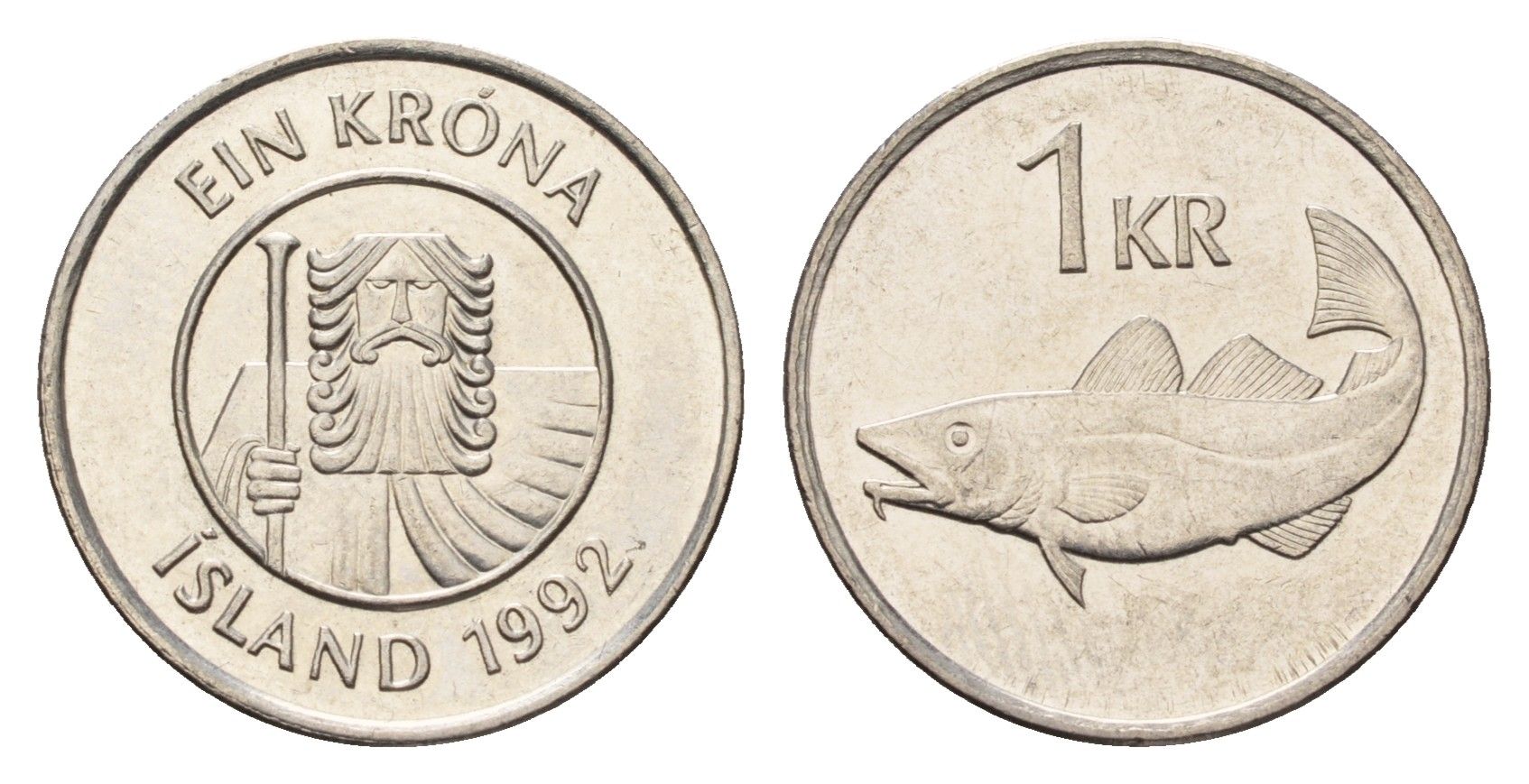 Исландия 1 крона 1992 треска KM 27a сталь плакированная никелем UNC 4687-844