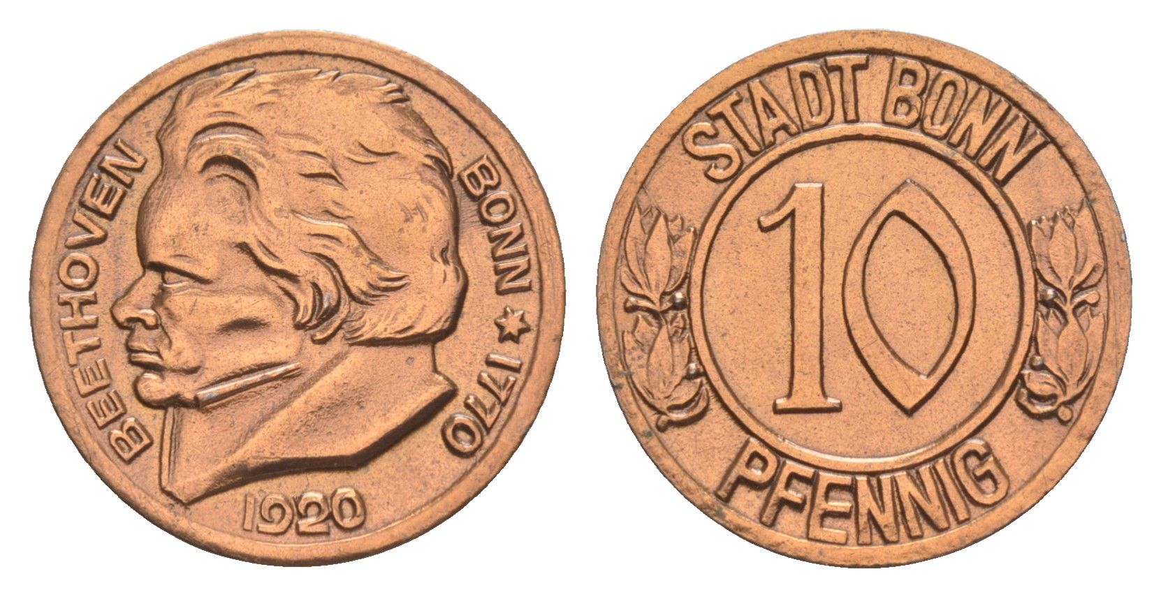 Бонн 10 пфеннигов 1920 Funck 51.1A, Men05 3220.1, Men18 4134.1 железо плакированная медью aUNC 3459-147