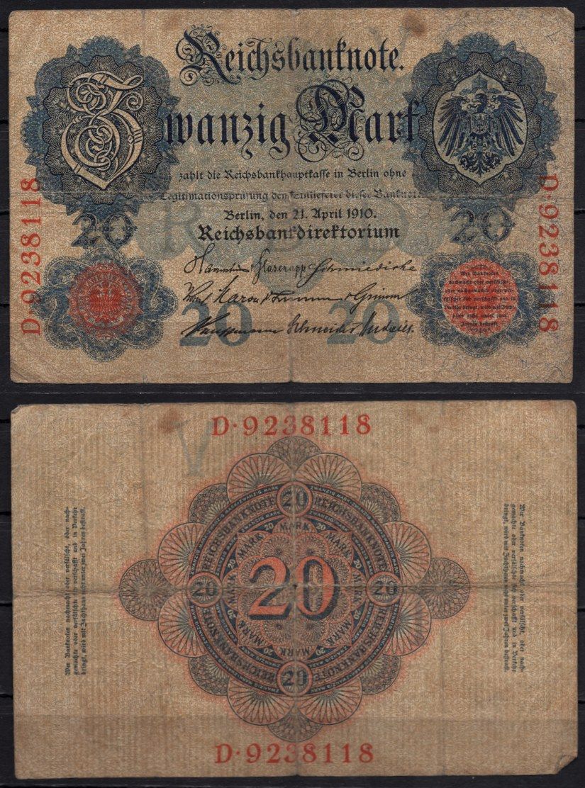 Германия 20 марок 1910 Pick 40 b бумага 6293-56-3-1