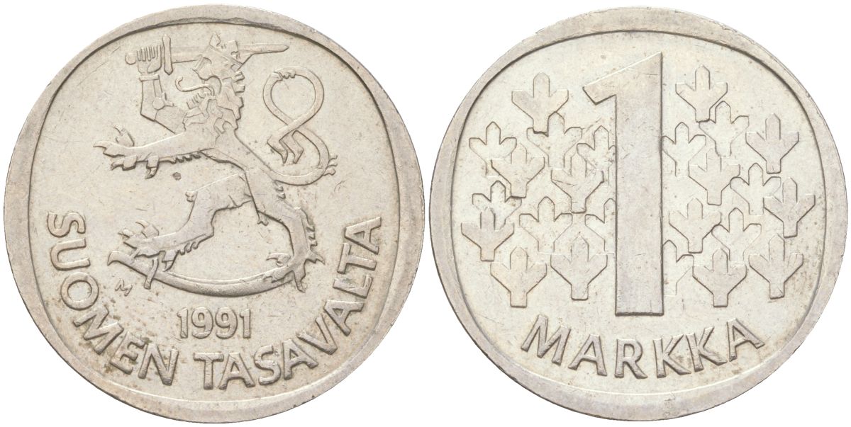 Финляндия 1 марка 1991 M KM 49a медно-никель 4142-1033