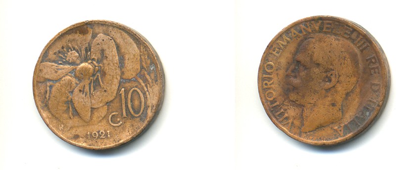 ИТАЛИЯ 10 ЧЕНТЕЗИМО 1921 R, МОНДВОР РИМ, ВИКТОР ЭММАНУИЛ III (1900-1946) KM 60 медь 80-1152