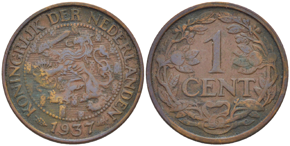 НИДЕРЛАНДЫ 1 ЦЕНТ 1937 ВИЛЬГЕЛЬМИНА (1890-1948) KM 152 бронза 76-212