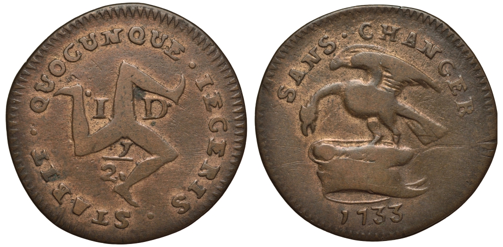 ОСТРОВ МЭН 1 ПЕННИ 1733 EARL OF DERBY, ДЖ. СТЕНЛИ 10-Й ГРАФ ДЕРБИ KM 3а медь 650-132