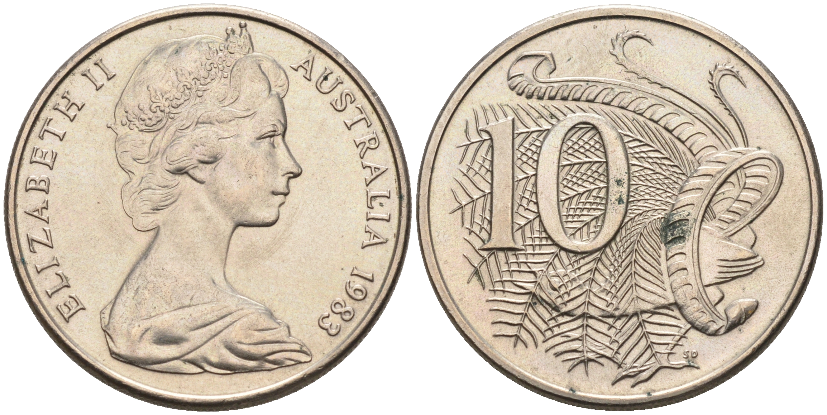 Австралия 10 центов 1983 Елизавета II (1952-), птица лирахвост KM 65 медно-никель UNC 4566-532