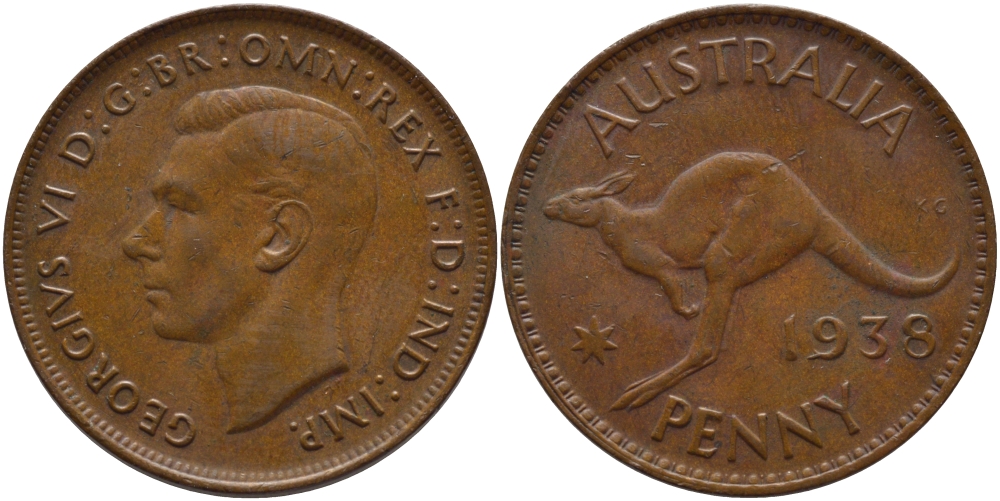 АВСТРАЛИЯ 1 ПЕННИ 1938 ГЕОРГ VI, КЕНГУРУ KM 36 бронза 3334-922