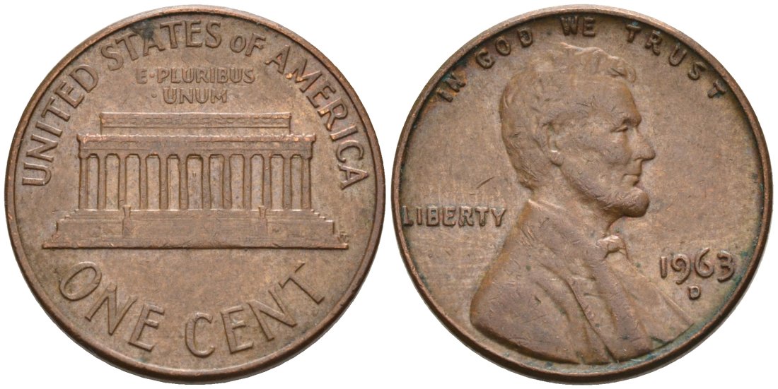 США 1 цент 1963 D, Линкольн KM 201 медь цинк 4564-428