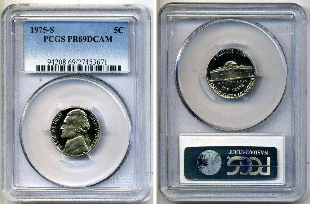 США 5 центов 1975 S, президент Джеферсон, в слабе PCGS PR69CAM KM А192 медно-никель PROOF 15-002-17