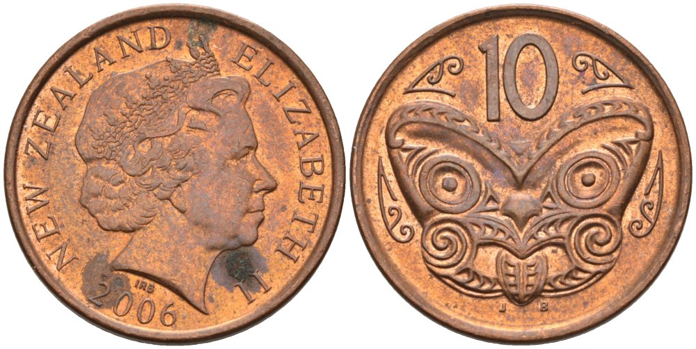 Новая Зеландия 10 центов 2006 Елизавета II (1952-2022), маска маори KM 117а сталь плакированная медью 106-1153