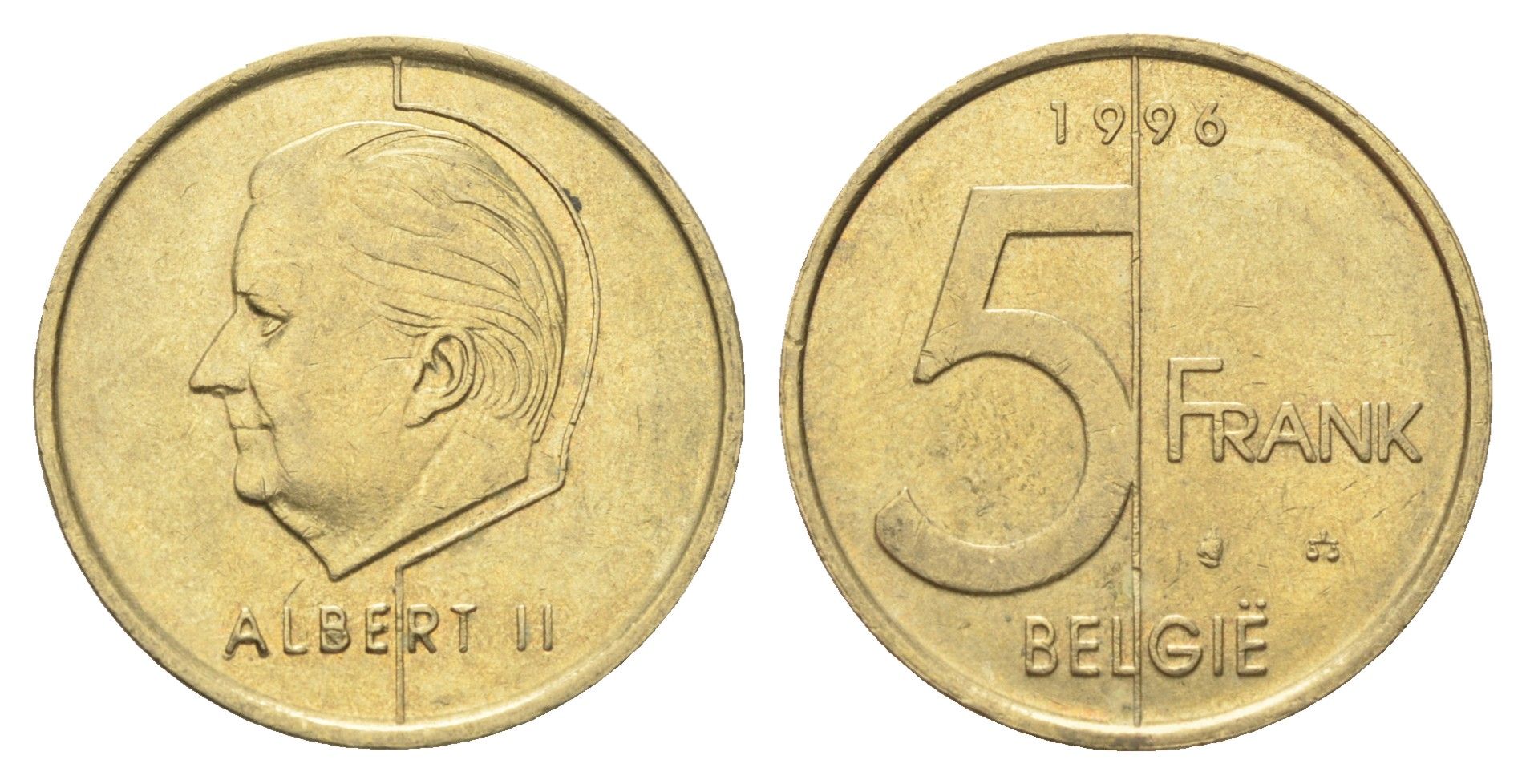 Бельгия 5 франков 1996 Belgie, Альберт II KM 190 алюминиевая бронза 4706-417