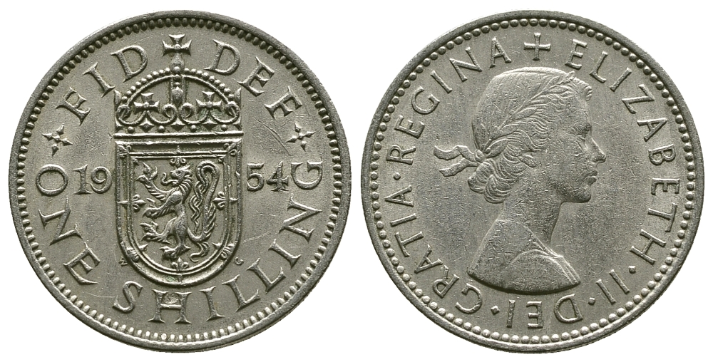 Великобритания 1 шиллинг 1954 Елизавета II (1952-2022), Шотландский герб KM 905, Spink 4148 медно-никель 4384-545