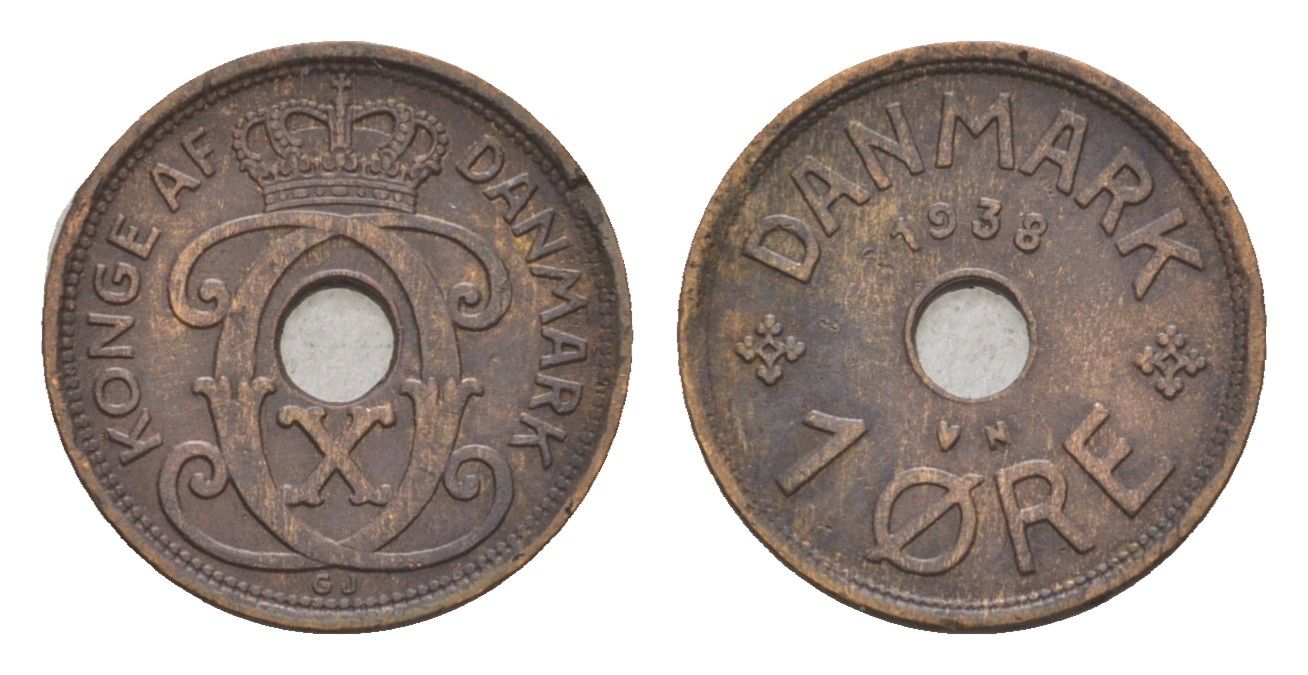 Дания 1 эре 1938 N, Кристиан X (1912-1947) KM 826 бронза 4658-157