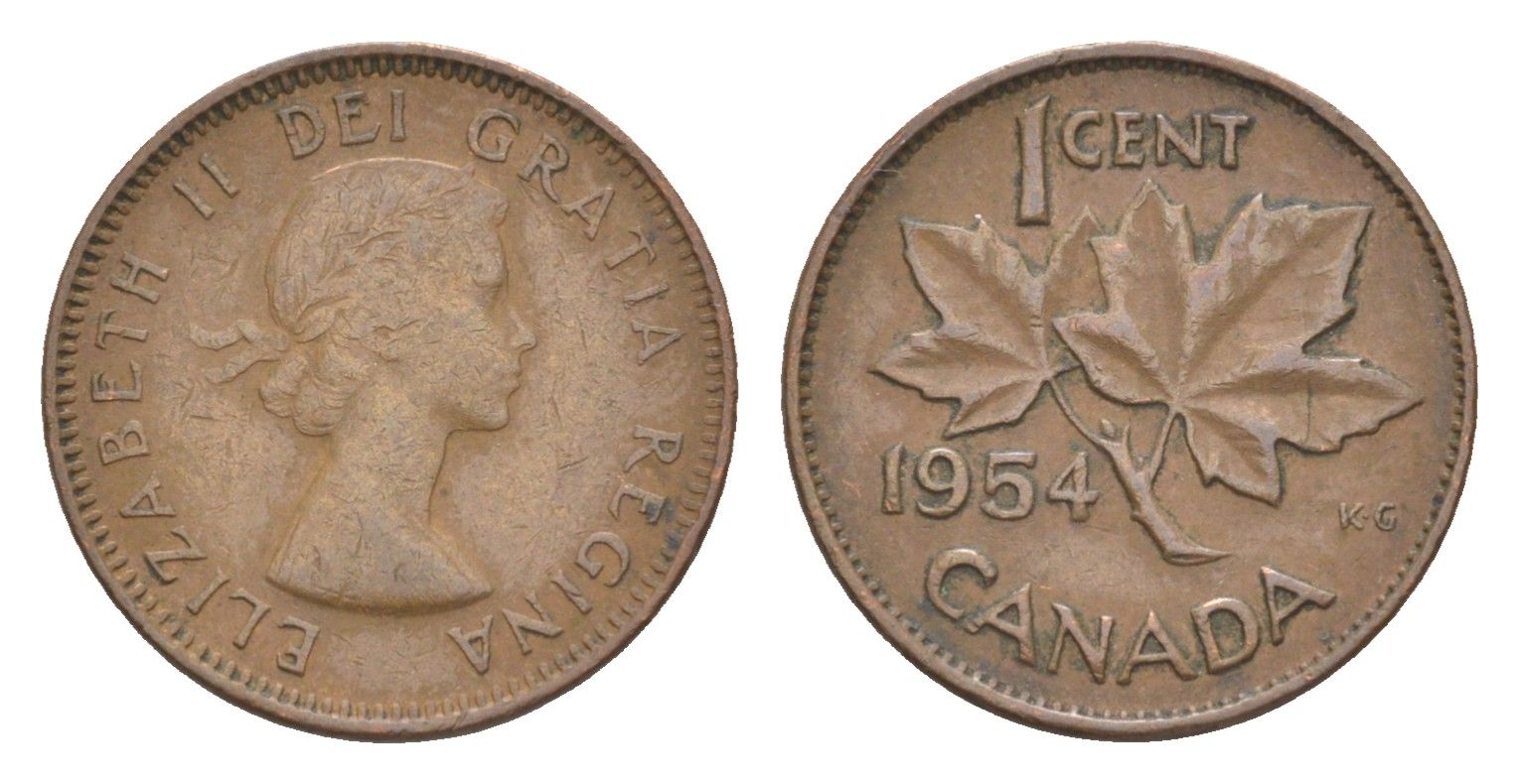 Канада 1 цент 1954 Елизавета II (1952-2022), кленовый лист, редкий год KM 49 бронза 4630-529