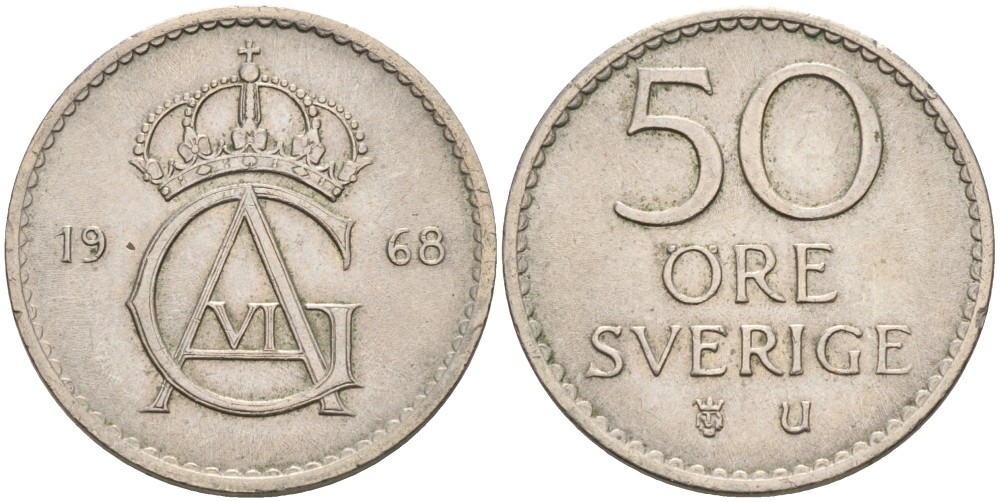 Швеция 50 эре 1968 U, Густав VI Адольф (1950-1973) KM 837 медно-никель 4622-327