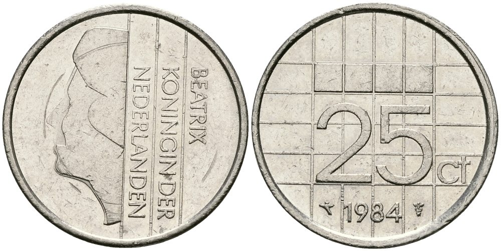 НИДЕРЛАНДЫ 25 ЦЕНТОВ 1984 БЕАТРИКС KM 204 никель 96-268