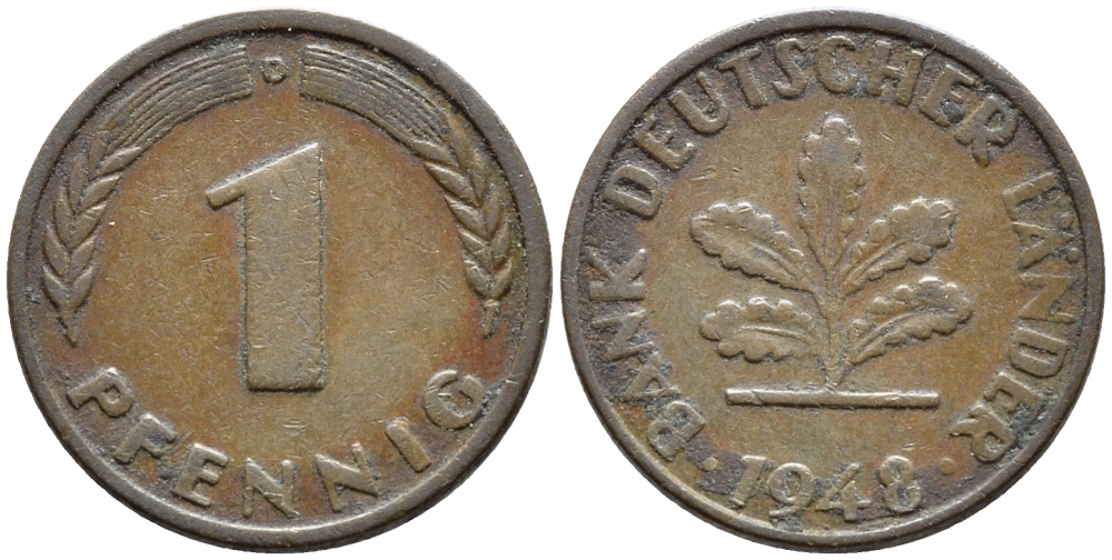 ФРГ 1 ПФЕННИГ 1948 D KM А101, J.376 сталь плакированная медью 4392-1013